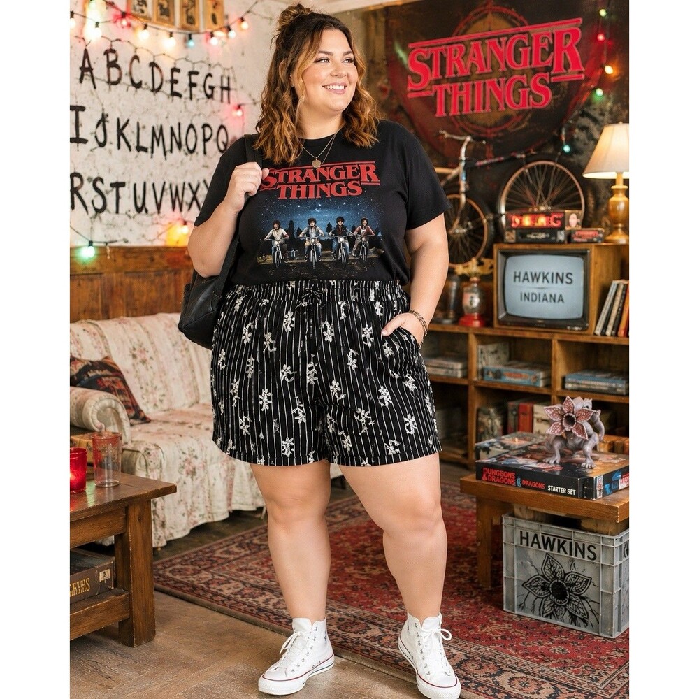 Stranger Things Black Pinstripe Floral Pull On Shorts Size 3 Side Pockets